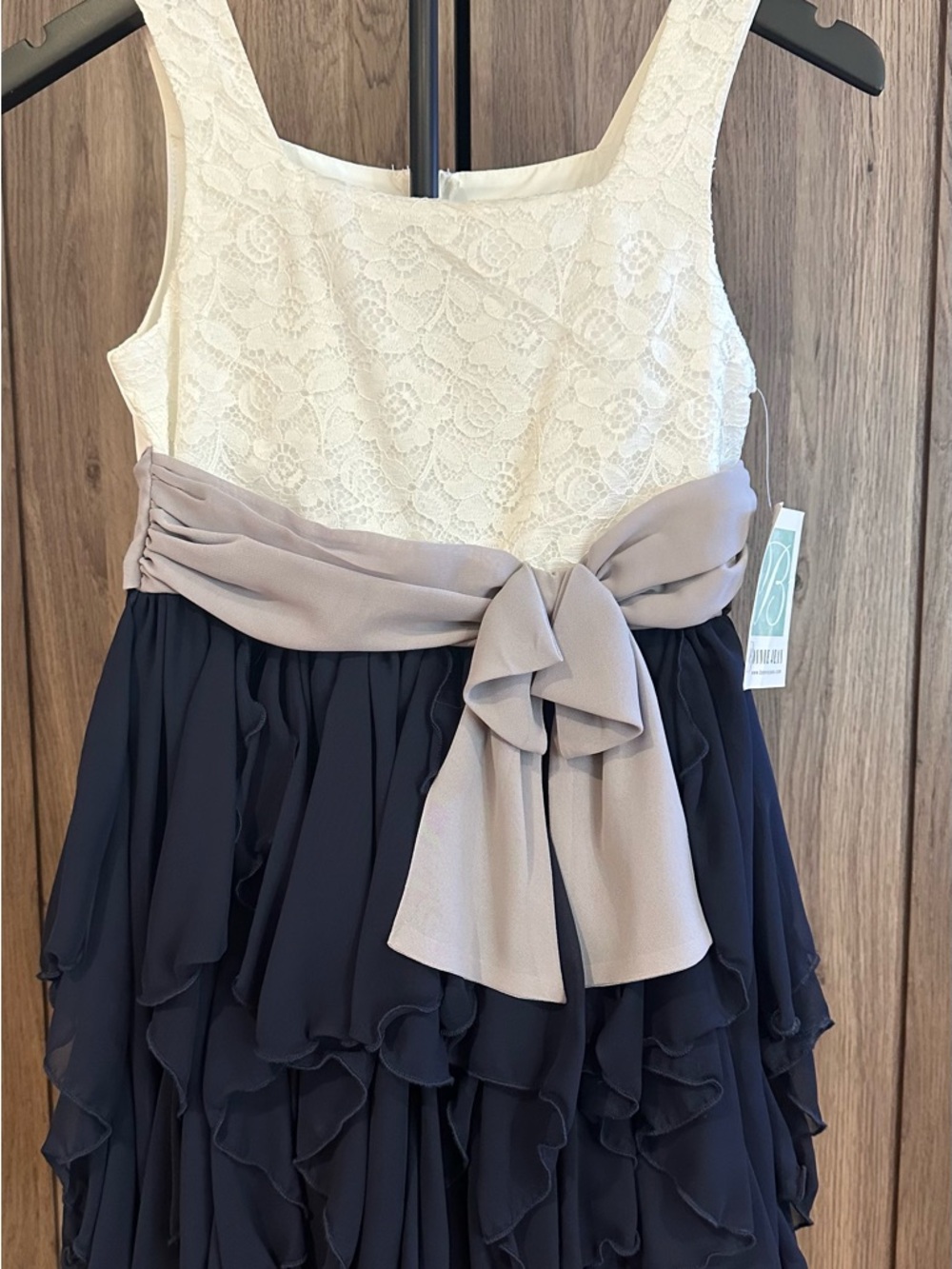 Bonnie Jean White Lace Bodice Navy Ruffle Dress with Gray Sash